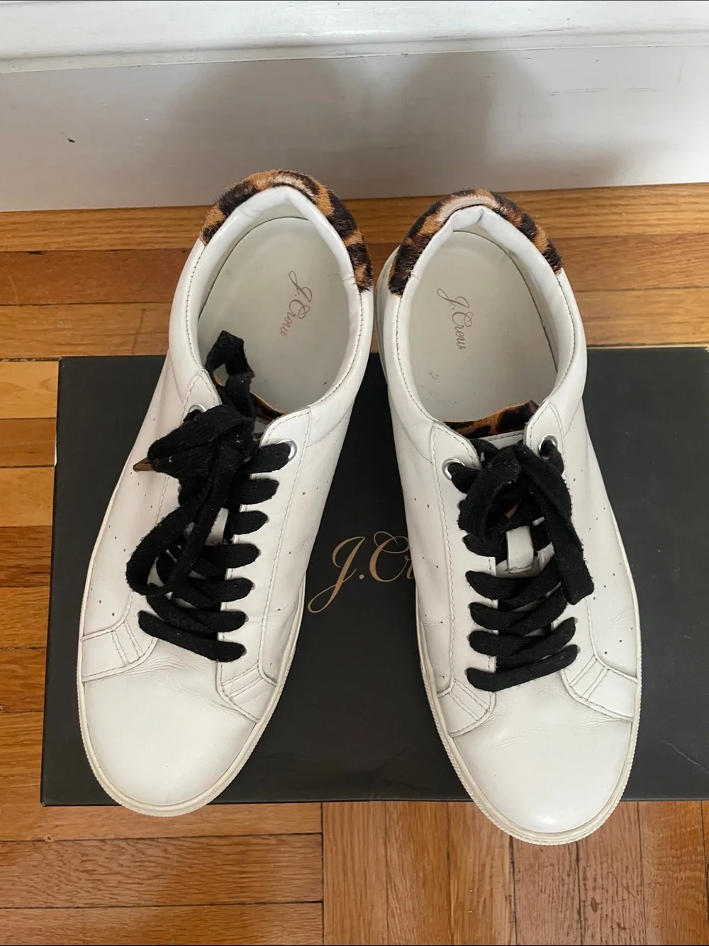 J. Crew Saturday Sneakers. White with Leopard Heel Tab, black & white laces